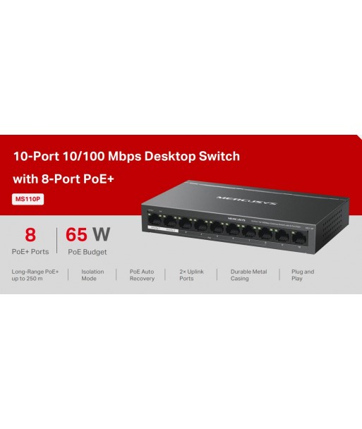 Switch Desktop 10 porte 10/100 PoE+  - Mercusys MS110P